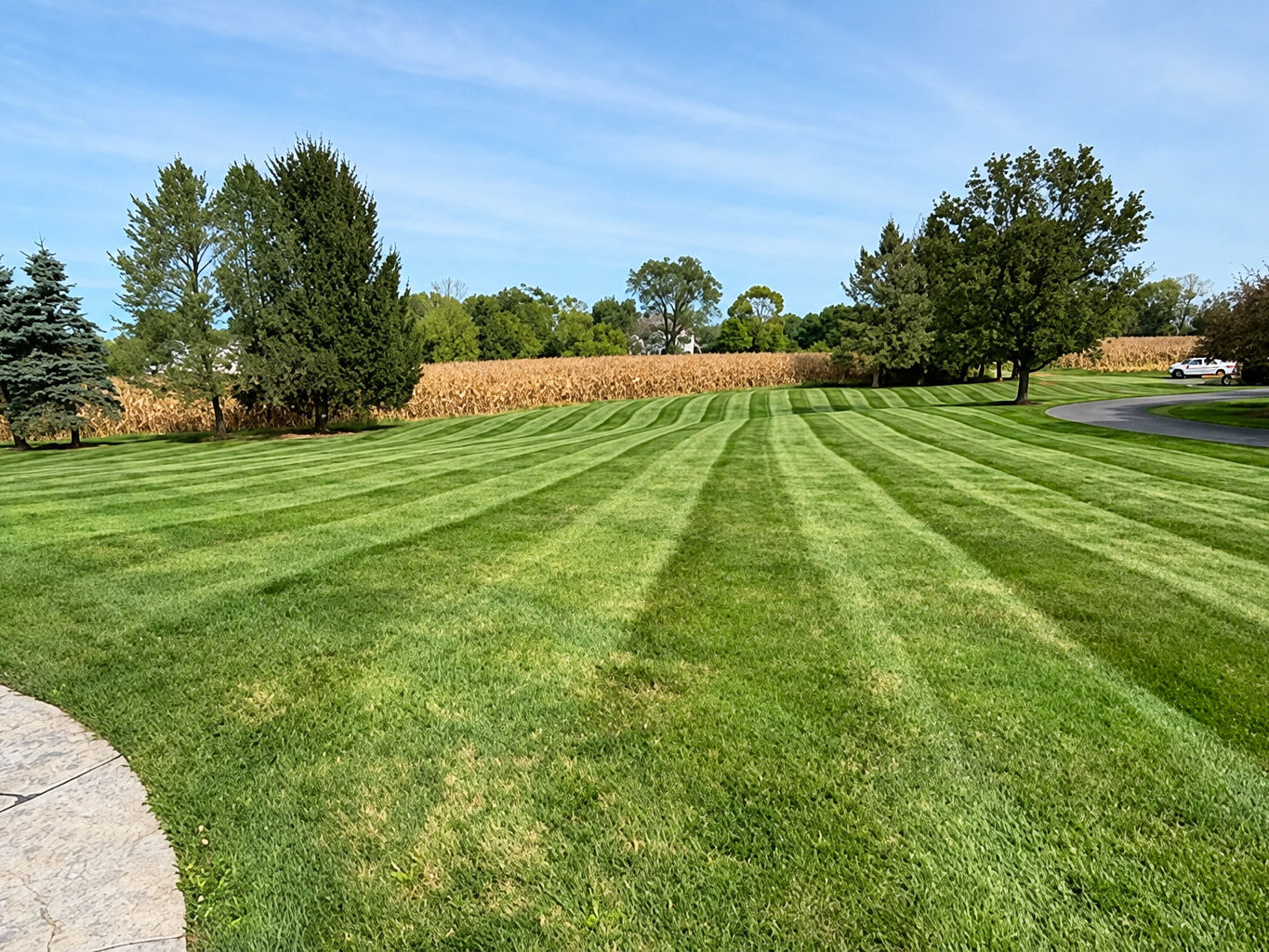 A wide lawn cut in alternating light and dark mowing stripes, running out to the paved drive and the treeline
